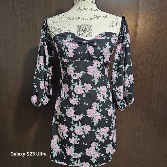 Floral Off-Shoulder Dress - Black, And Lilac' - Picture 3 of 11